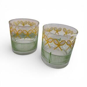 Set of 2 Vtg Libbey J. Scott Tennis Racket Lowball/Whiskey Glasses HTF Barware